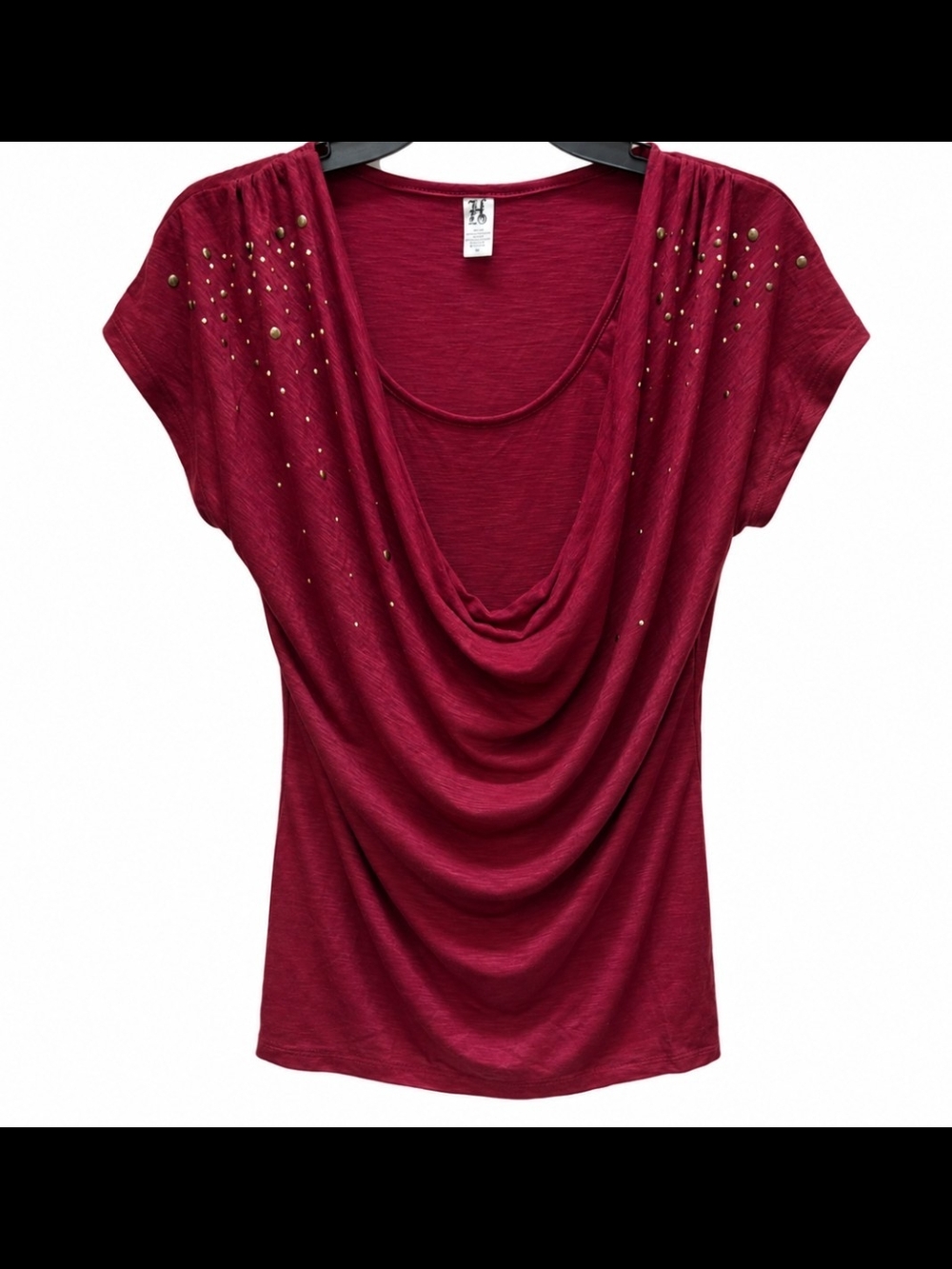 Hybrid & company Women's Size Medium Burgundy Draped Cowl Top with Stud Accents